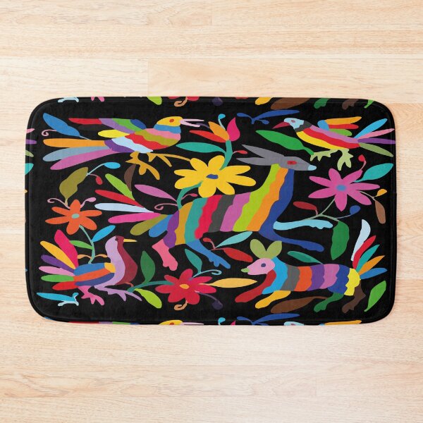 Item preview, Mexican textile handmade embroidery colorful pattern otomí tenango black fabric designed and sold by T-Mex.