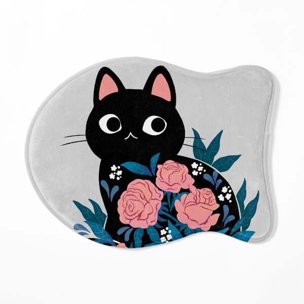 Black cat in Prink Roses Cat Mat