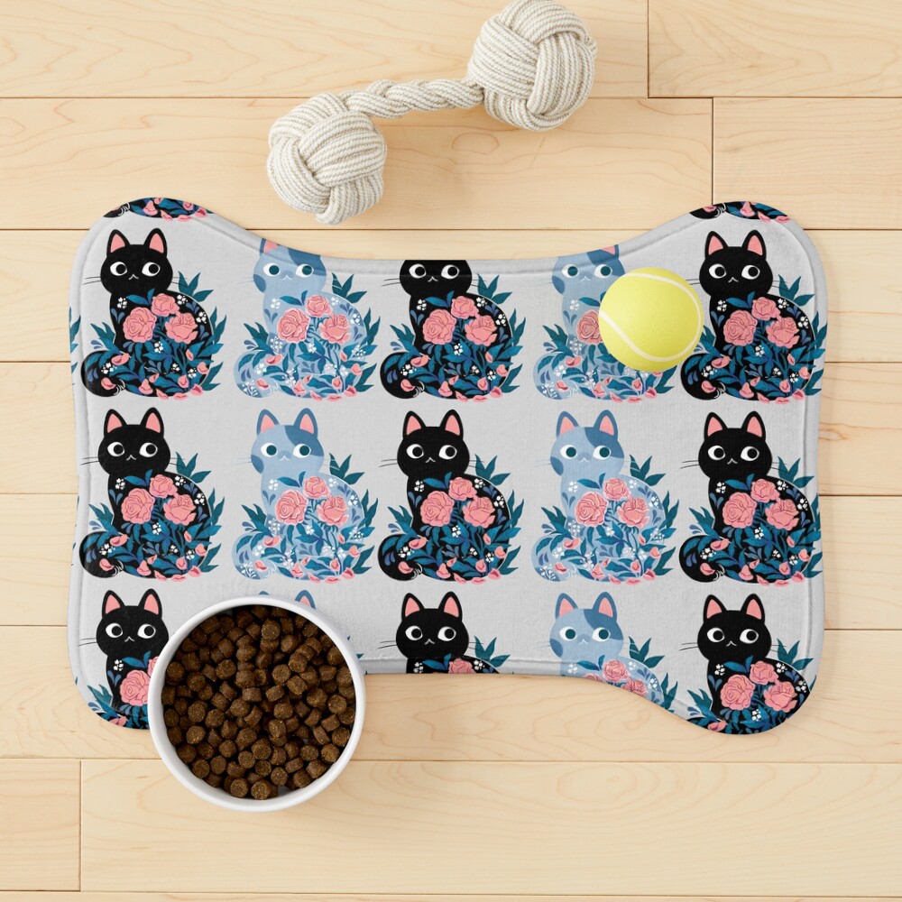 Black cat in Prink Roses Pet Mat