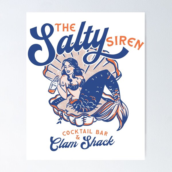 Artikel-Vorschau von Die Salty Siren Cocktail Bar & Clam Shack. Niedliche Retro-Meerjungfrau-Reisekunst, designt und verkauft von The Whiskey Ginger Design Shop.