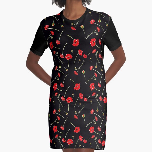 Scattered Poppies - all black Graphic T-Shirt Dress