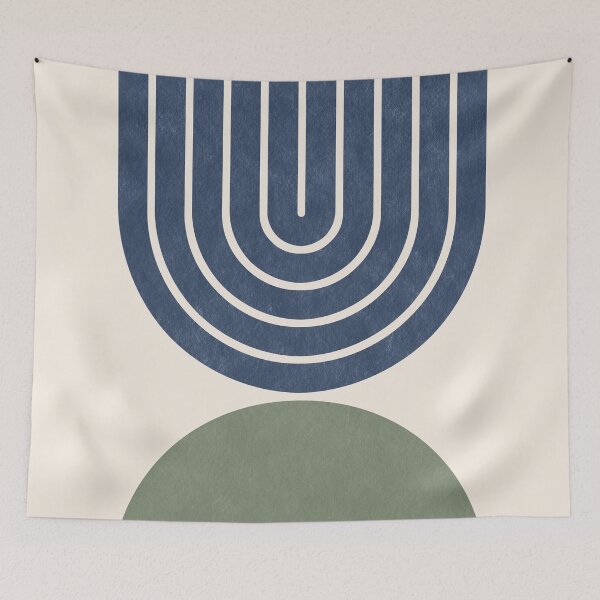Item preview, Mid-century modern art in navy blue and sage green 1 designed and sold by ArticraftShop.