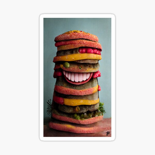 A fun cheeseburger with cheese, tomato, onions, beef patty, pickles, lettuce, mustard and ketchup. Sticker