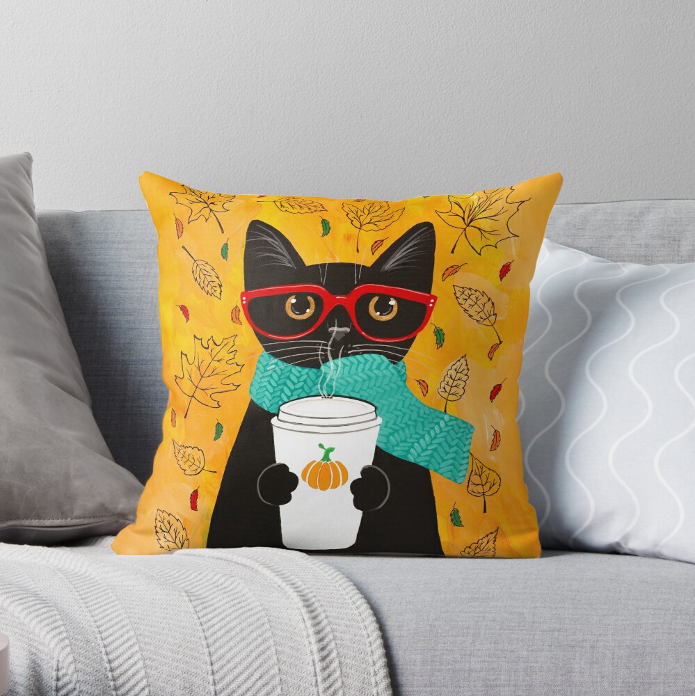 Autumn Pumpkin Coffee Cat Throw Pillow