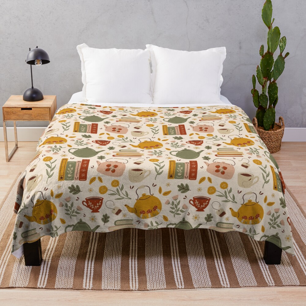 Flowery Books and Tea Throw Blanket