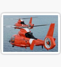 Two Coast Guard HH-65C Dolphin helicopters fly in formation over the Atlantic Ocean. Sticker