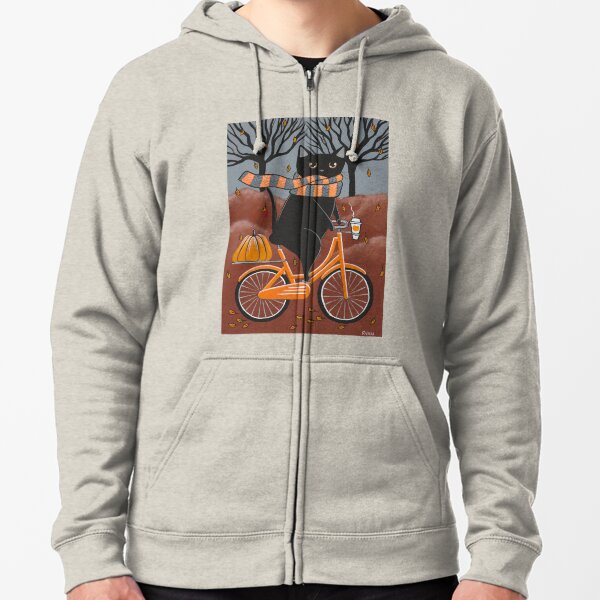Black Cat Autumn Bicycle Ride Zipped Hoodie