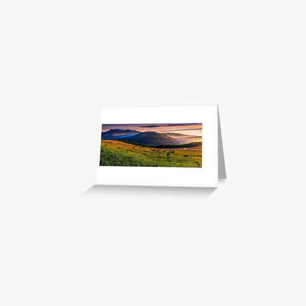 panorama of rural fields in foggy mountains at sunrise Greeting Card