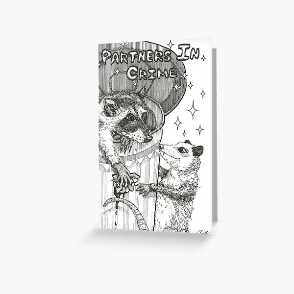"Partners In Crime Raccoon and Opossum Pen and Ink Drawing by Chalkley