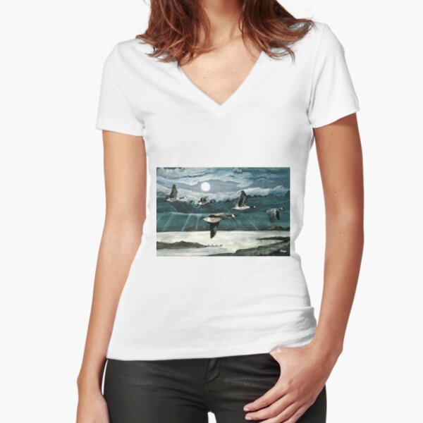 Moonlight Geese Fitted V-Neck T-Shirt