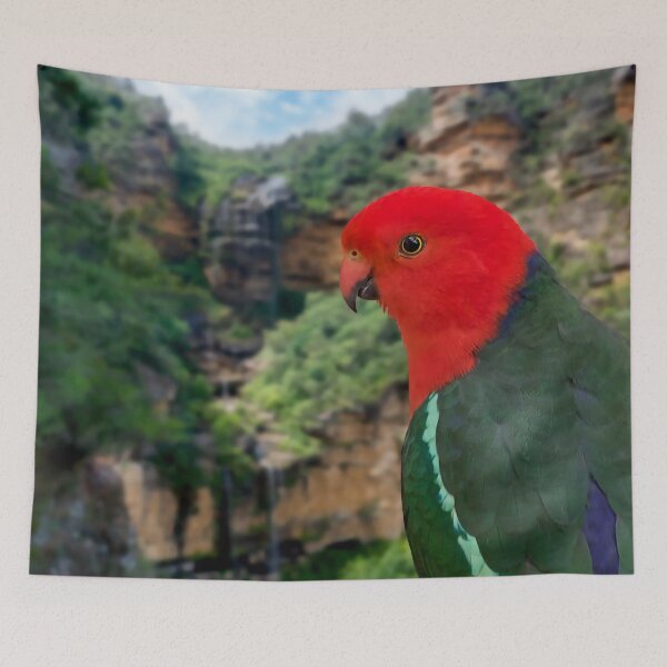 Item preview, Beautiful Red King Parrot, stunning Australian Bird, backdrop Wentworth Falls, Blue Mountains Australia designed and sold by Orianah.