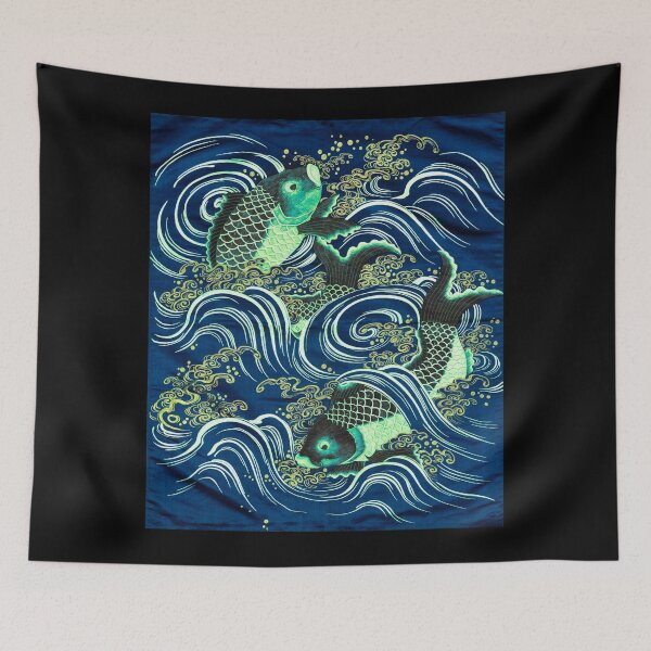 Item preview, Asian Fish Art: Carp in Waves during Meiji period; blue, green illustration; Japanese art classic designed and sold by mbuz90.