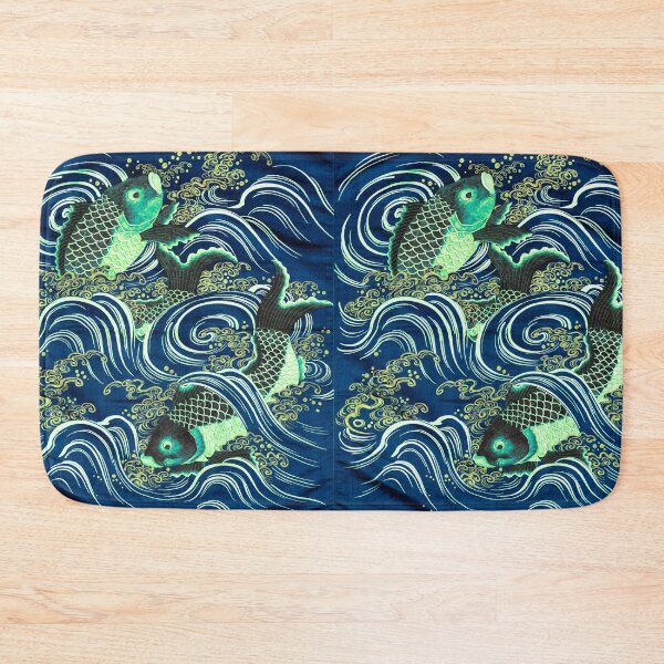 Item preview, Asian Fish Art: Carp in Waves during Meiji period; blue, green illustration; Japanese art classic designed and sold by mbuz90.