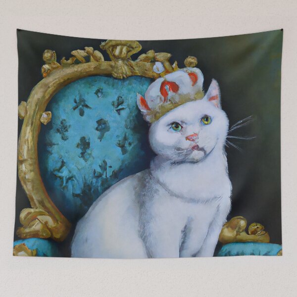 Item preview, Oil Painting White Cat King Crown Thrown Funny Cat designed and sold by AnimalCutness.