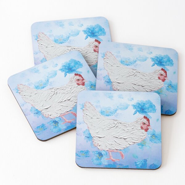 Item preview, White Chicken on Blue Poppy Flowers designed and sold by MatsonArtDesign.