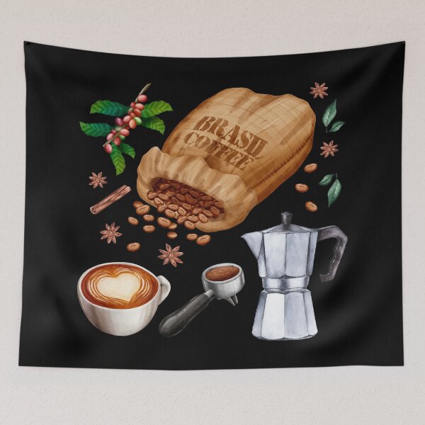 Item preview, Coffee Ingredients & Tools Set - Coffee Fruit, Coffee Beans, Caffe latte and Moka Pot designed and sold by Alicia Chee.