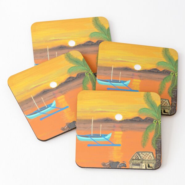 Item preview, Sunset Mountain in Nipa Hut Coconut Palm Tree With  Buffalo & Boat designed and sold by Dolieart.