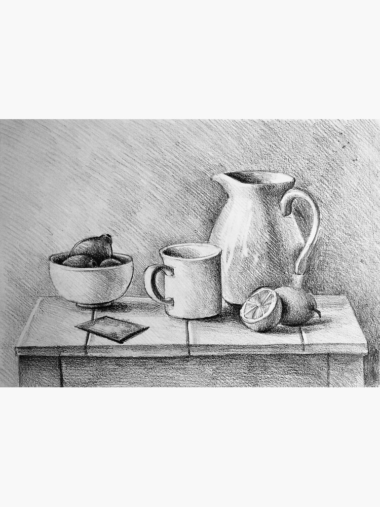 Still life composition illustration with a teapot, flowers, fruits and  stuffed duck. Black and white Stock Photo - Alamy