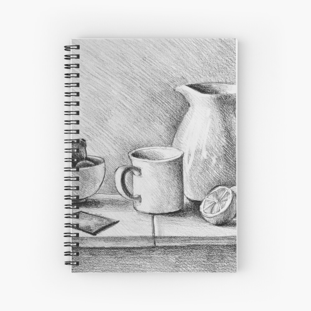 Drawing illustration of still life composition with mug, lemons, cup and  water jug on wood table