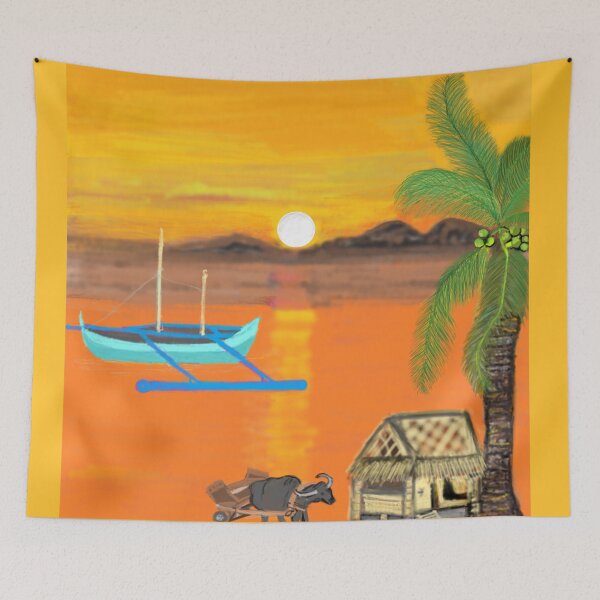 Item preview, Sunset Mountain in Nipa Hut Coconut Palm Tree With  Buffalo & Boat designed and sold by Dolieart.
