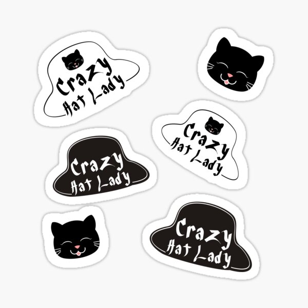 Crazy Hat Lady Text Illustration with Cute Cat Sticker Pack Sticker