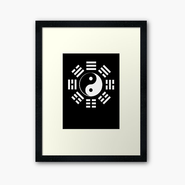 Yin Yang. I Ching. Artes marciales, chino, BLANCO sobre NEGRO. Lámina enmarcada