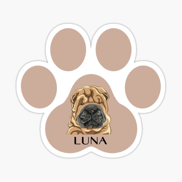 Shar Pei dog in brown paw and name Luna Sticker