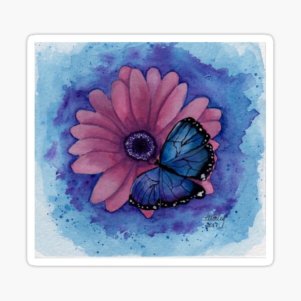 Blue Butterfly Pink Flower Sticker