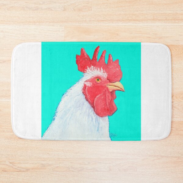 Item preview, White Rooster painting on turquoise background designed and sold by MatsonArtDesign.