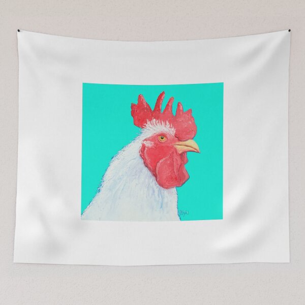 Item preview, White Rooster painting on turquoise background designed and sold by MatsonArtDesign.