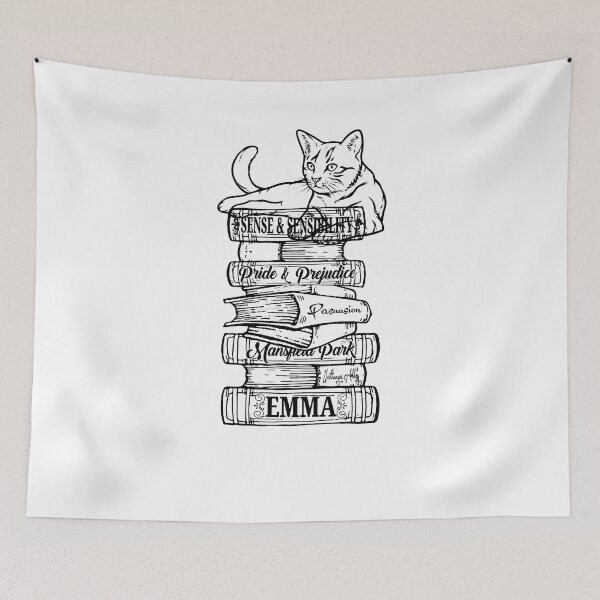 Item preview, Funny Jane Austen Book Stack Cat Kitten Pride and Prejudice Quotes Romantic Novel designed and sold by TopTeeShop.