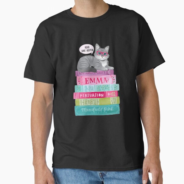 Item preview, Funny Jane Austen Book Stack Cat Kitten Pride and Prejudice Quotes Romantic Novel designed and sold by TopTeeShop.