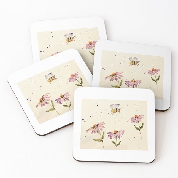 Item preview, Busy Bee and three purple flowers.  designed and sold by watercolorsLiz.