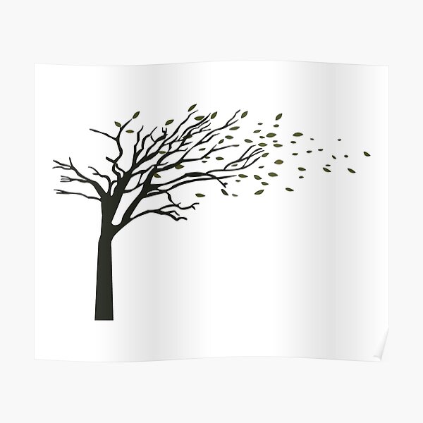 Póster «ilustración de un árbol sin hojas y hojas que salen volando de