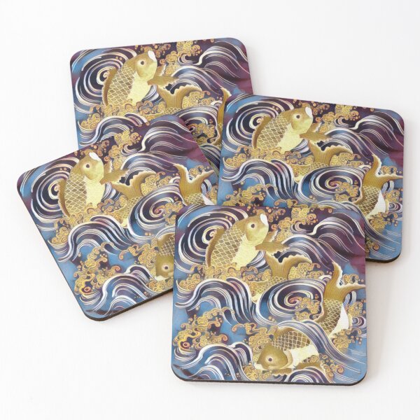 Item preview, Asian Fish Art: Carp in Waves during Meiji period; gold, blue illustration: Japanese art classic designed and sold by mbuz90.