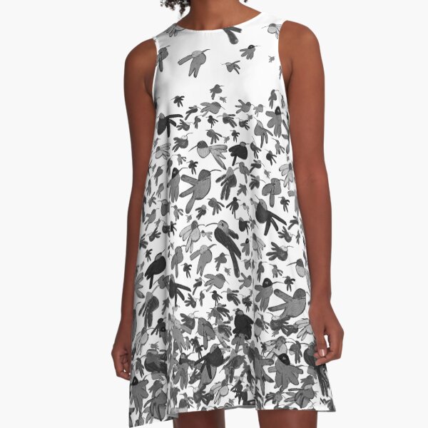 Hummingbirds - Black and White Ombre A-Line Dress