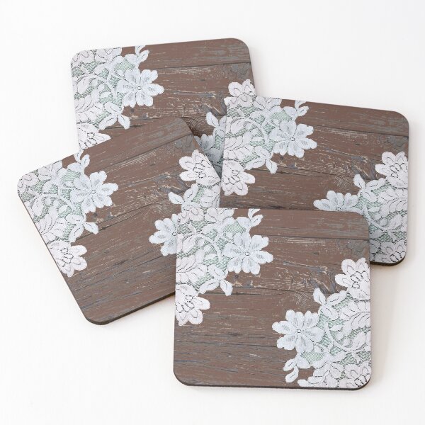 bohemian farmhouse country cottage chic barn wood lace Coasters (Set of 4)