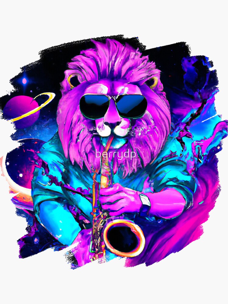 "Lion Playing Saxophone in Space Outer Space Sax Lion" Sticker for Sale