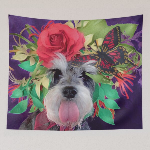 Item preview, Cheeky Cheeky Dog with Flower Crown | Miniature Schnauzer with Butterfly and Roses designed and sold by Fable and Guild.