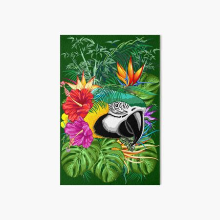 Blue Macaw Parrot Floral Portrait coming out from Exotic Jungle Art Board Print