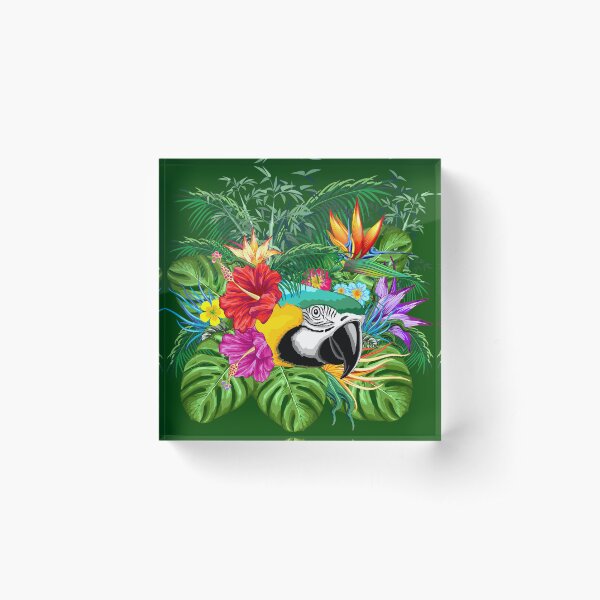 Blue Macaw Parrot Floral Portrait coming out from Exotic Jungle Acrylic Block