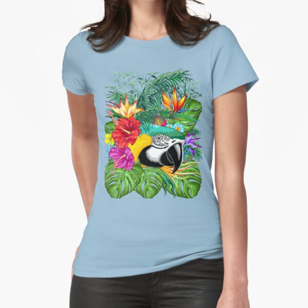 Blue Macaw Parrot Floral Portrait coming out from Exotic Jungle Fitted T-Shirt