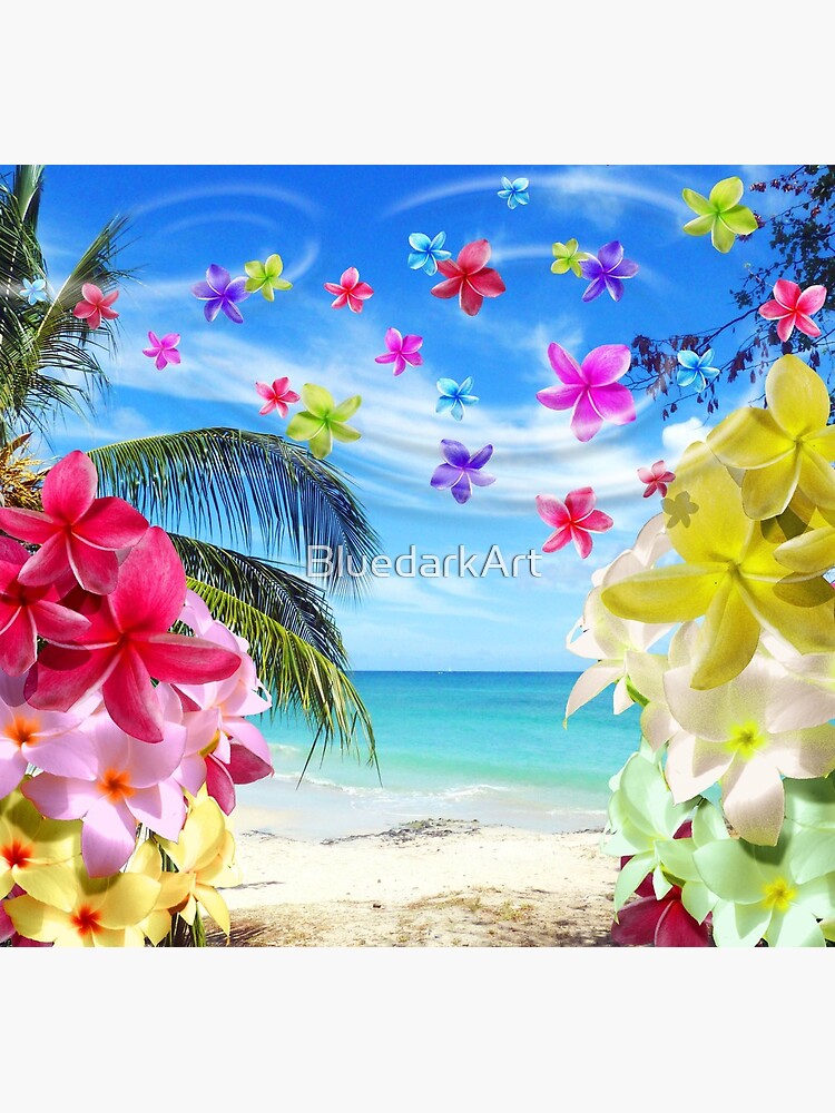 Tropical Beach and Exotic Plumeria Flowers by BluedarkArt