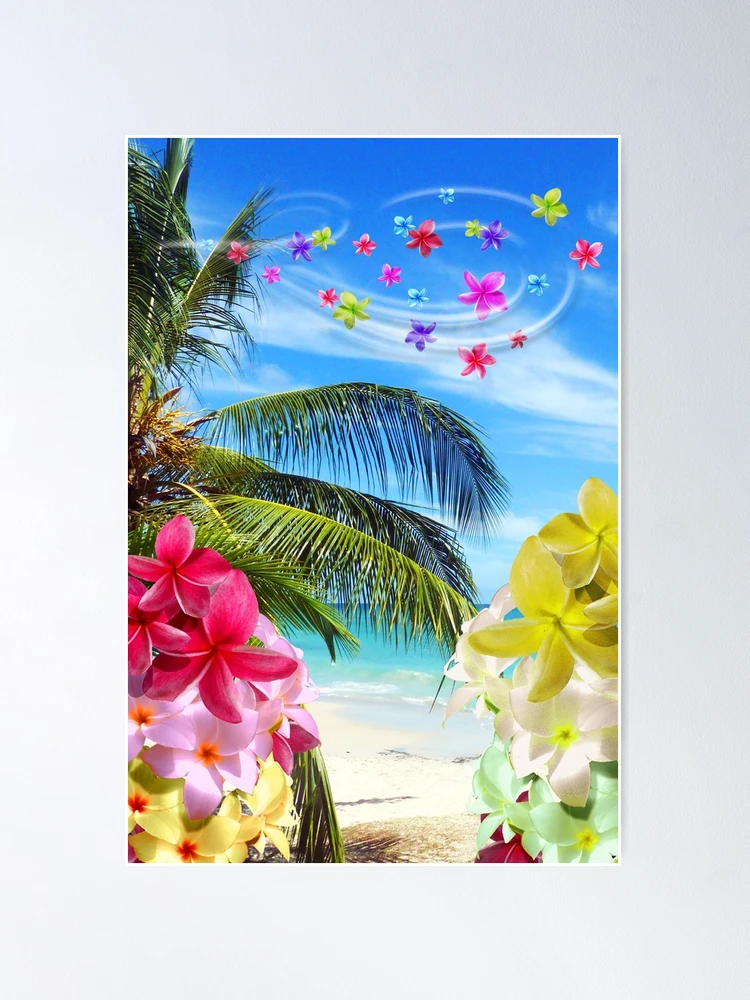 Straw hat with frangipani flowers on white sea sand. With