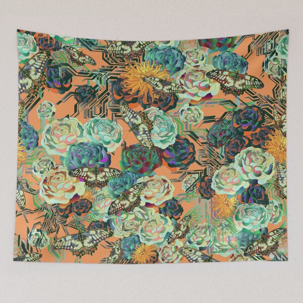 Item preview, psychedelic chinoiserie butterfly garden on pale orange designed and sold by Ruth Cadioli.
