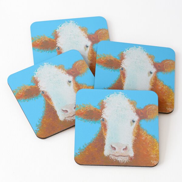 Item preview, Hereford Cow on blue background designed and sold by MatsonArtDesign.
