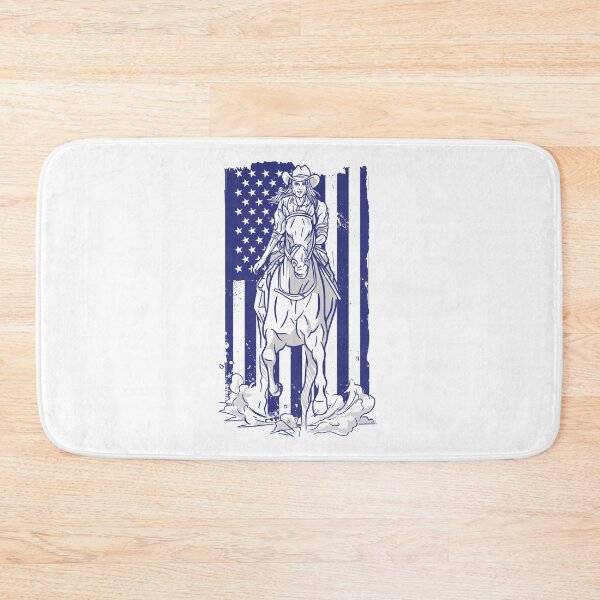 Item preview, USA Cowboy Horsewoman Woman On Horse With America Flag designed and sold by JanooFactory.