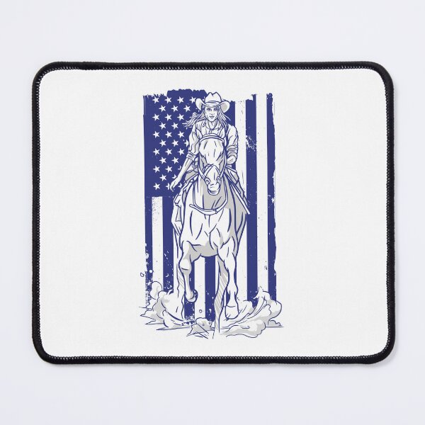 Item preview, USA Cowboy Horsewoman Woman On Horse With America Flag designed and sold by JanooFactory.