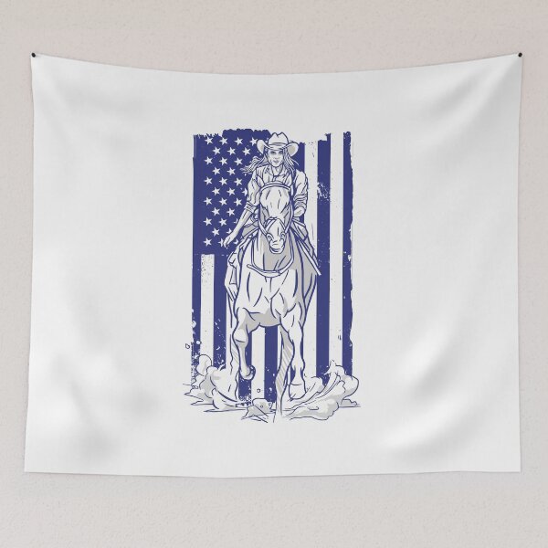 Item preview, USA Cowboy Horsewoman Woman On Horse With America Flag designed and sold by JanooFactory.