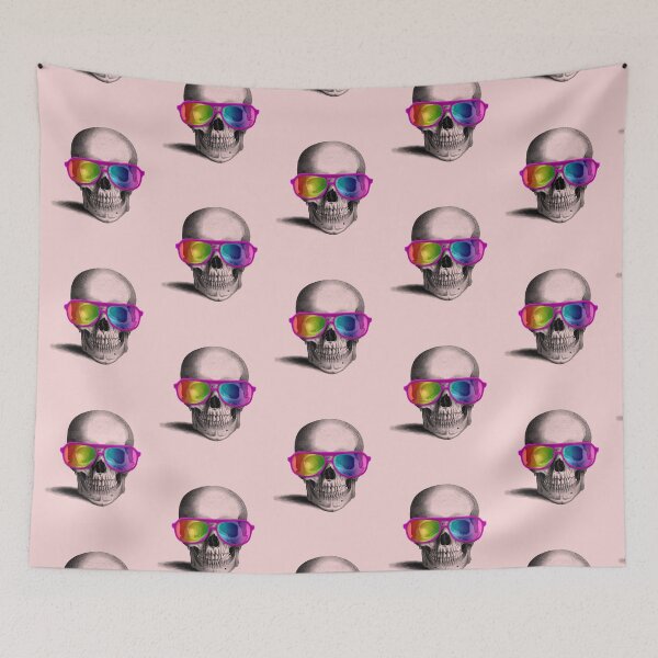 Item preview, skull with rainbow glasses (pink) designed and sold by Madame Memento.